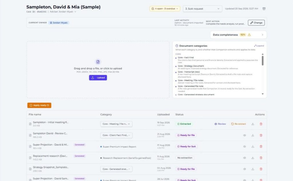 Policy schedules and statements read by Risk Companion, with the fields populated for the adviser to confirm