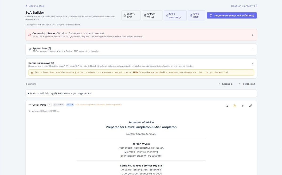 The Risk Companion SoA Builder screen