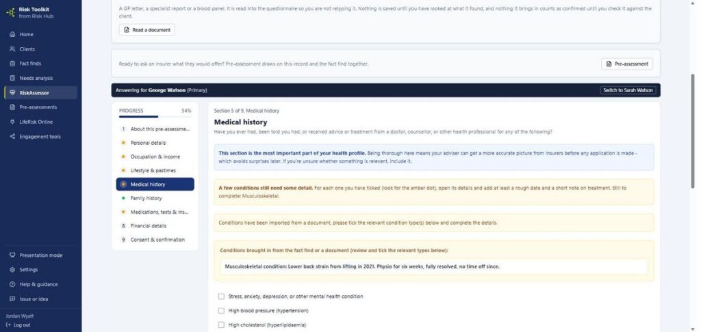 RiskAssessor medical history section, used to prepare a pre-assessment before the application